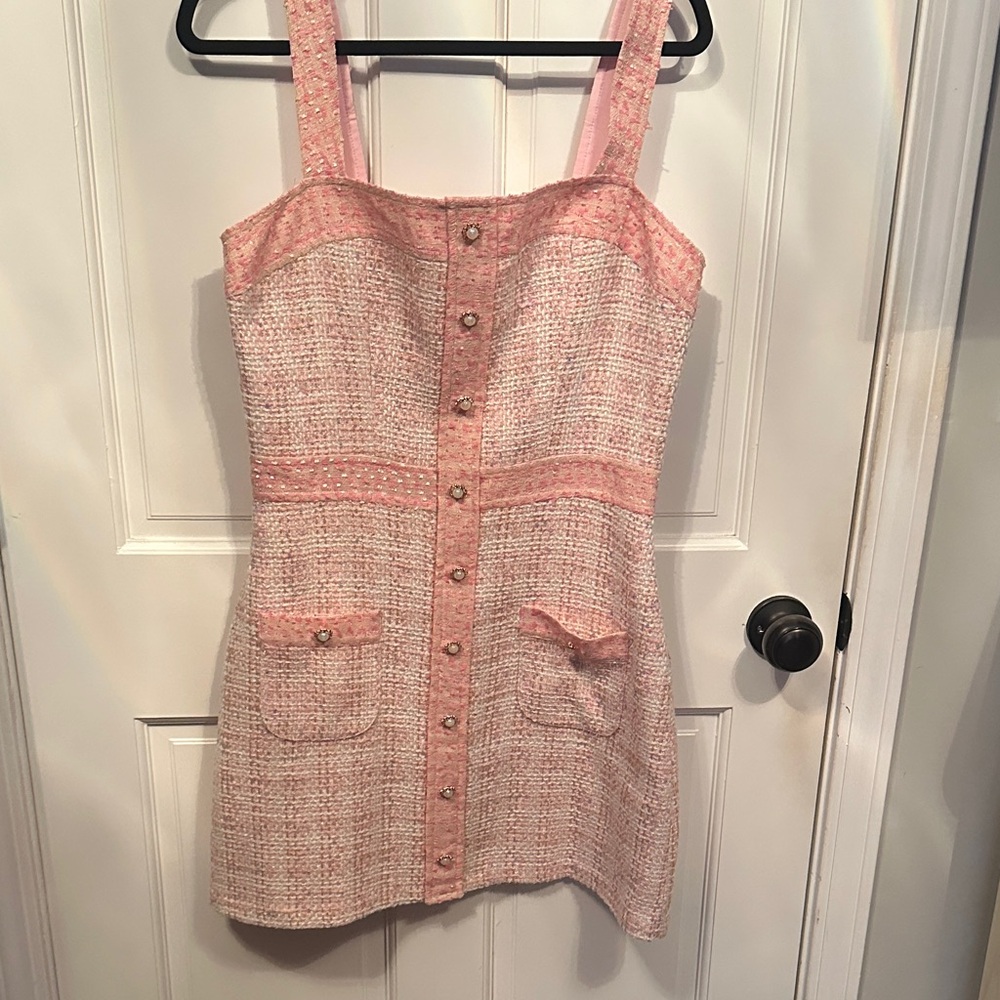 Stunning Amanda Uprichard pink tweed dress with pearl like and gold buttons.
